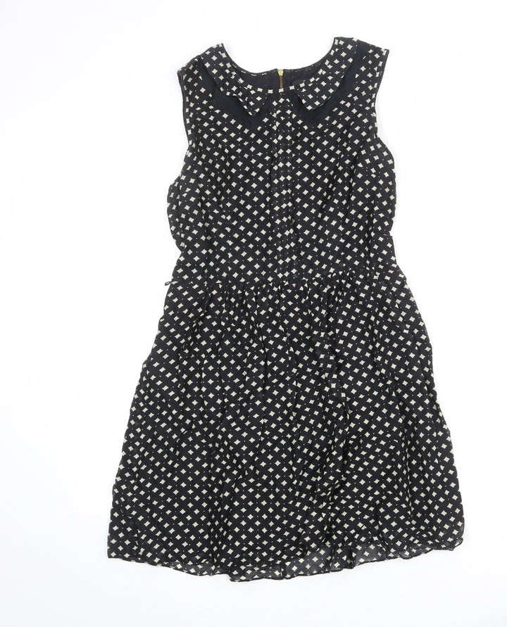 Oasis Womens Black Geometric Modal A-Line Size 10 Collared Zip