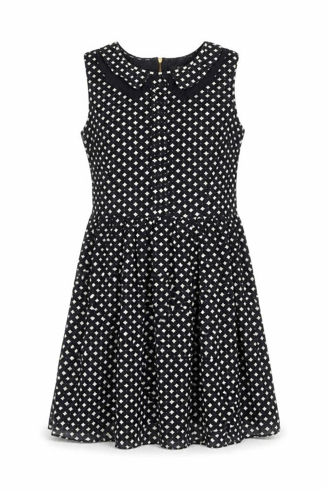 Front view of Oasis women’s black geometric modal a-line, size UK 10, collared zip