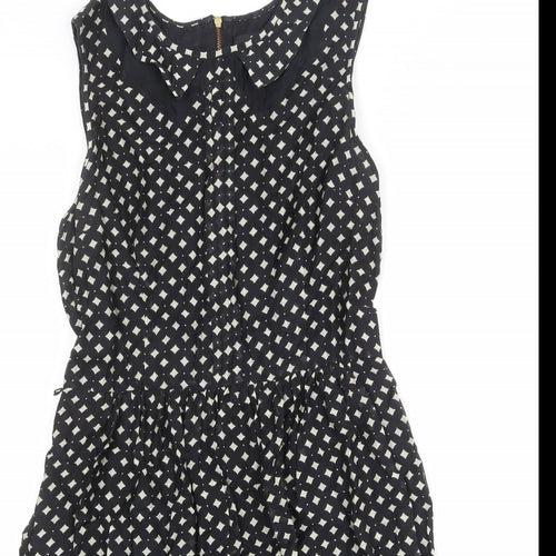Oasis Womens Black Geometric Modal A-Line Size 10 Collared Zip
