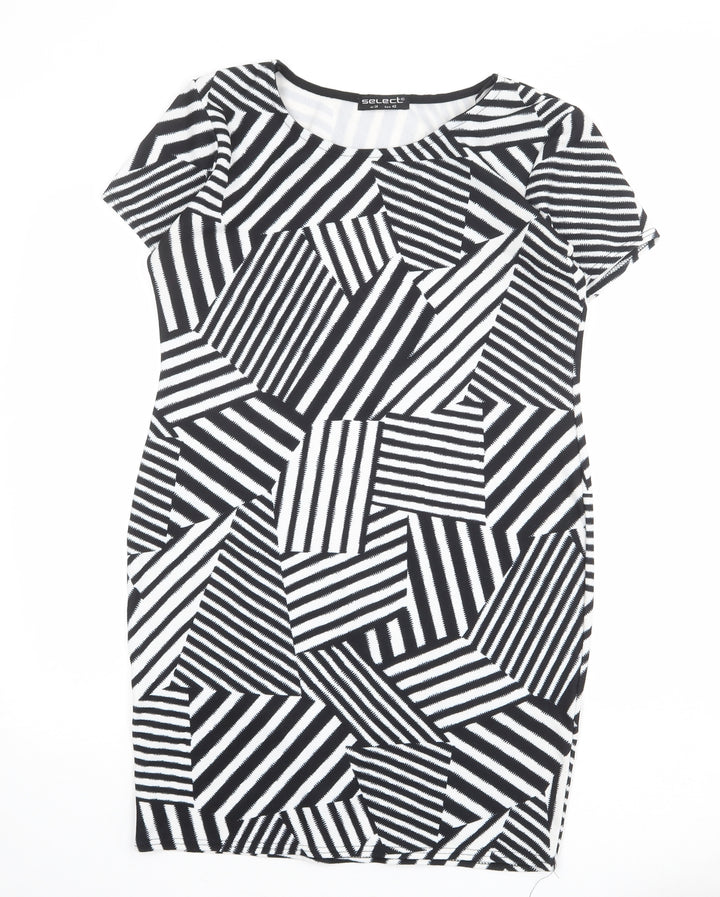 Select Womens Black Geometric Polyester Shift Size 14 Round Neck Pullover