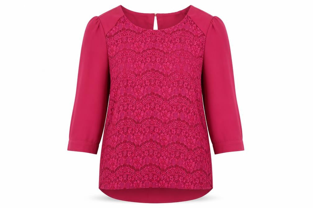 Front view of Oasis women’s pink polyester basic blouse, size UK 12, boat neck - lace front