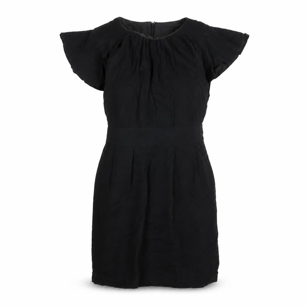 Front view of Warehouse women’s black viscose shift, size UK 8, boat neck zip