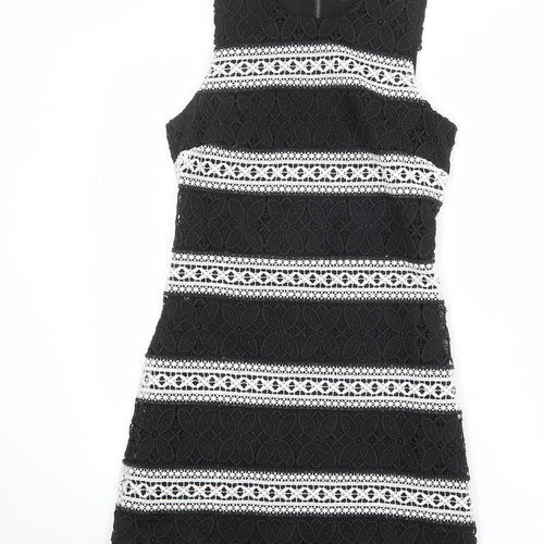 Topshop Womens Black Polyester Shift Size 8 Round Neck Zip - Crocheted Lace Overlay