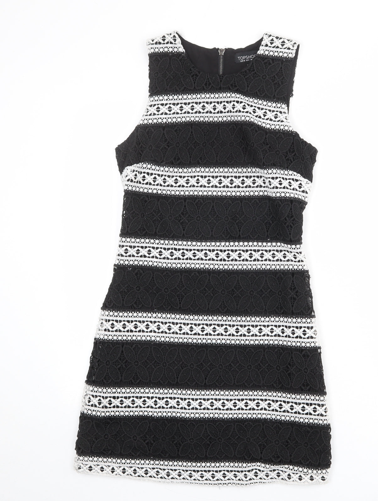 Topshop Womens Black Polyester Shift Size 8 Round Neck Zip - Crocheted Lace Overlay
