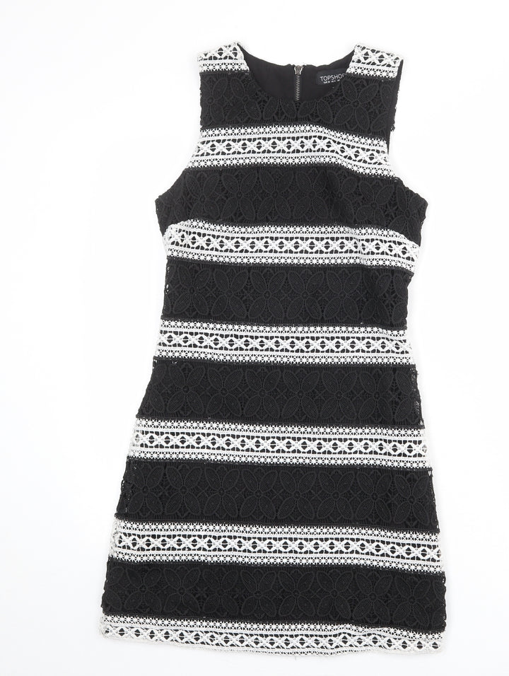 Topshop Womens Black Polyester Shift Size 8 Round Neck Zip - Crocheted Lace Overlay