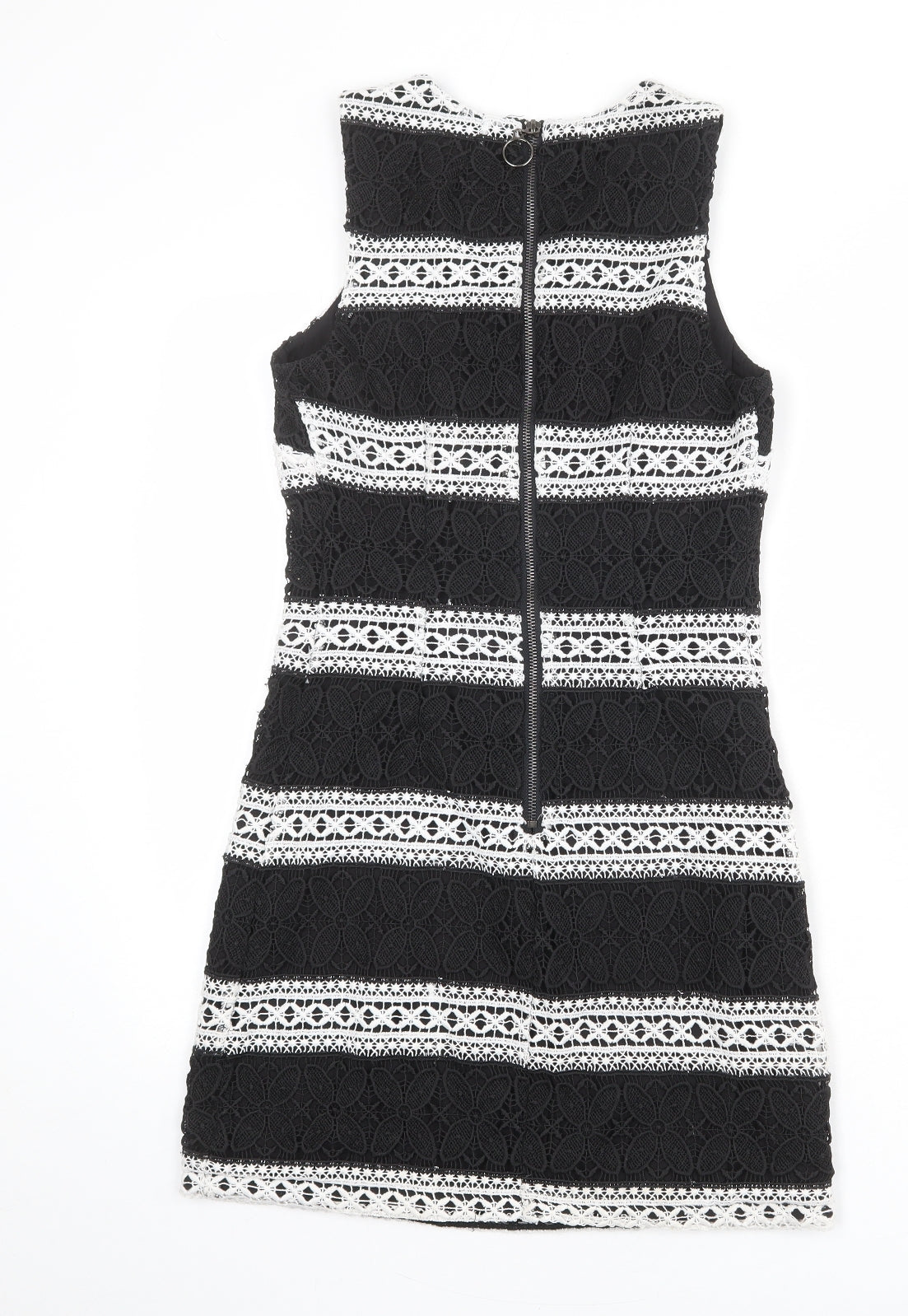 Topshop Womens Black Polyester Shift Size 8 Round Neck Zip - Crocheted Lace Overlay