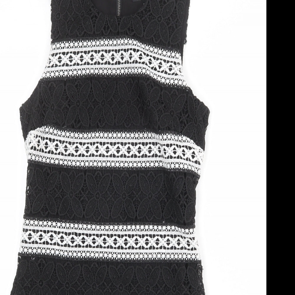 Topshop Womens Black Polyester Shift Size 8 Round Neck Zip - Crocheted Lace Overlay