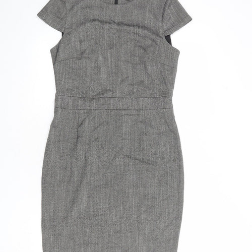 H&M Womens Grey Herringbone Polyester Pencil Dress Size 12 Round Neck Zip