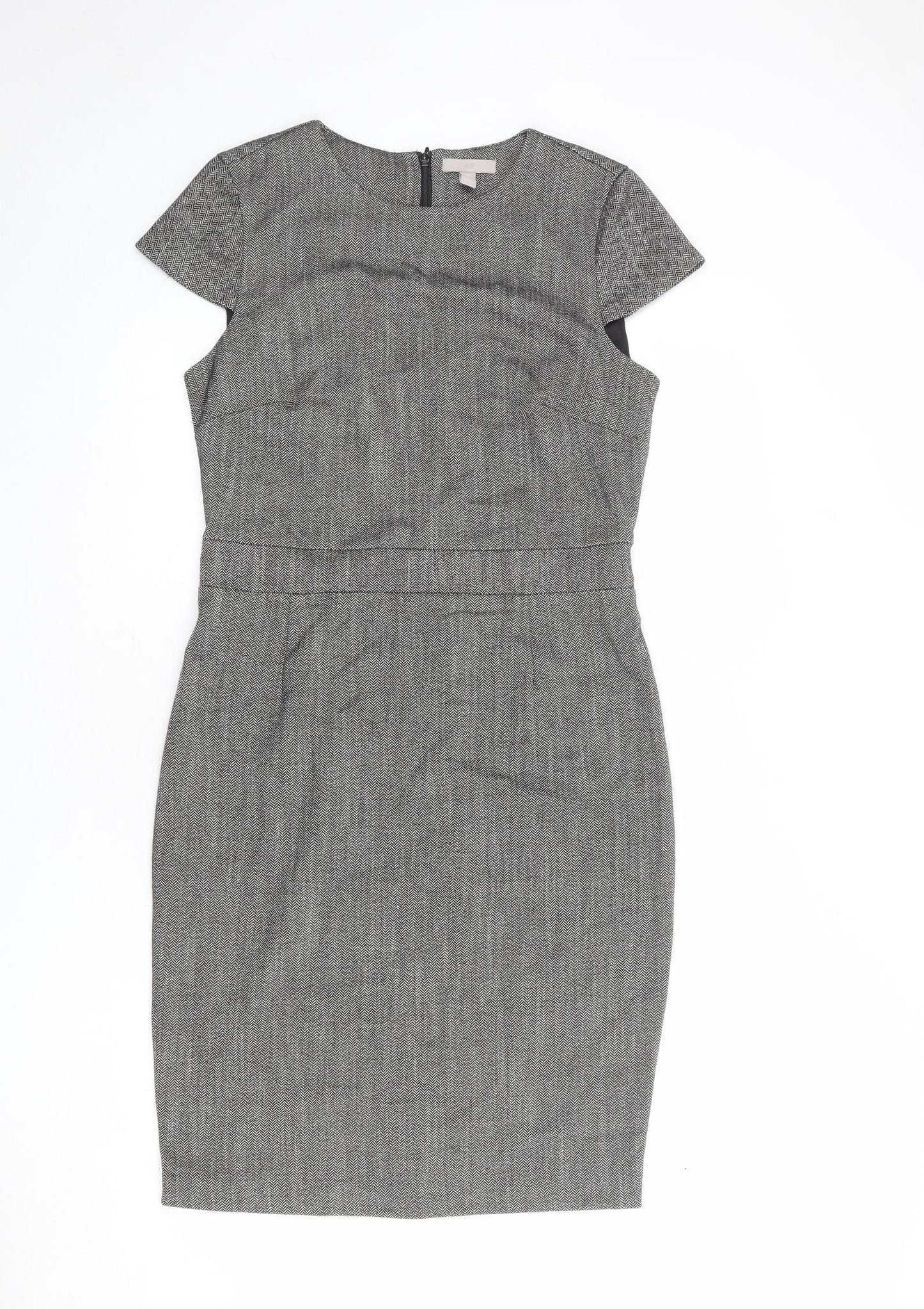 H&M Womens Grey Herringbone Polyester Pencil Dress Size 12 Round Neck Zip
