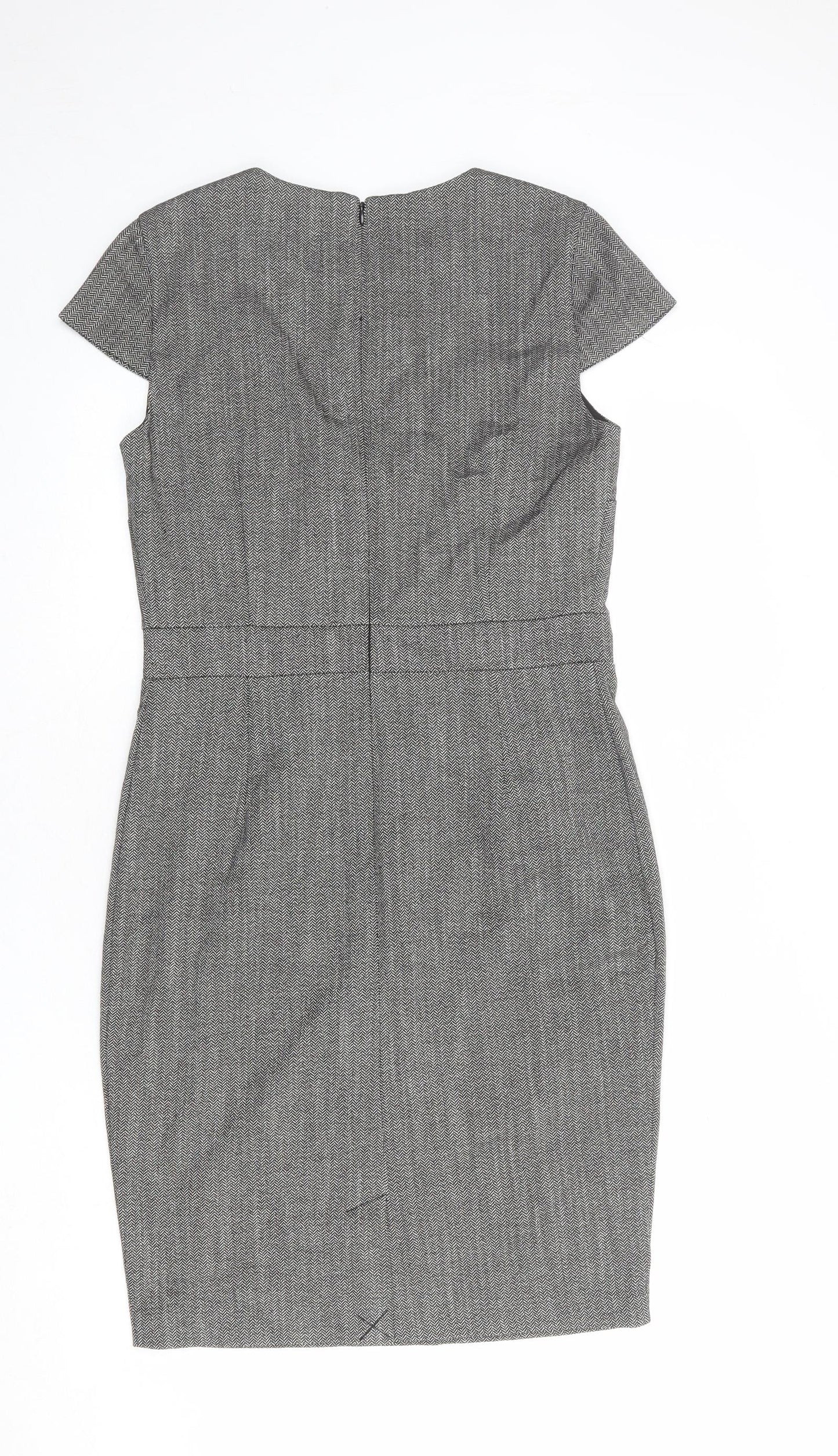 H&M Womens Grey Herringbone Polyester Pencil Dress Size 12 Round Neck Zip