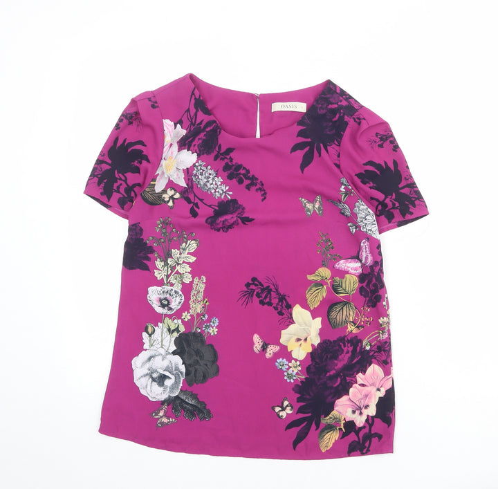 Oasis Womens Purple Floral Polyester Basic Blouse Size 8 Boat Neck