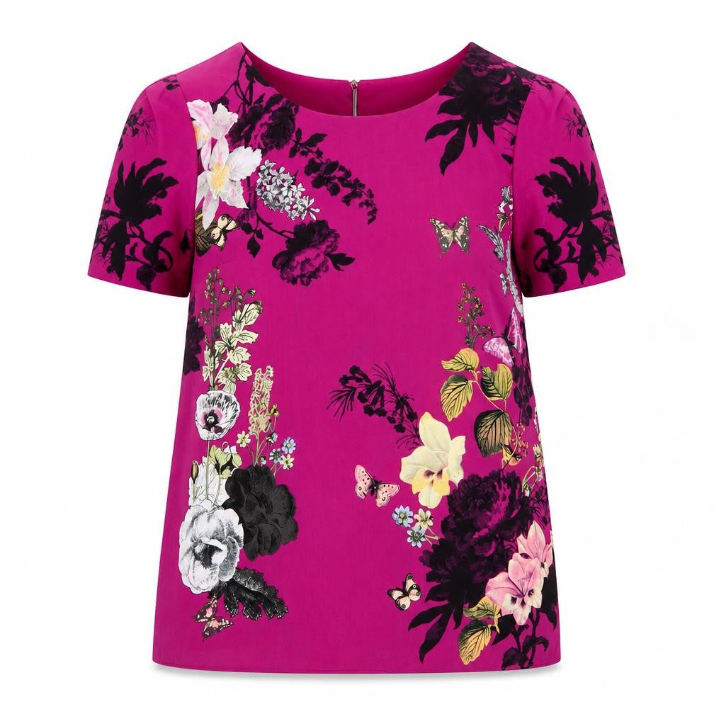 Front view of Oasis women’s purple floral polyester basic blouse, size UK 8, boat neck