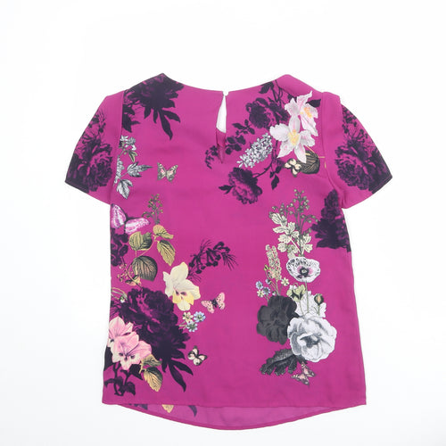 Oasis Womens Purple Floral Polyester Basic Blouse Size 8 Boat Neck