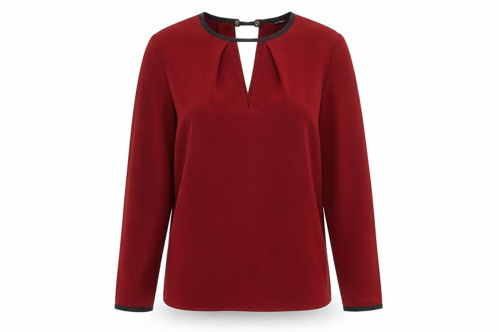 Front view of Warehouse women’s red polyester basic blouse, size UK 10, round neck