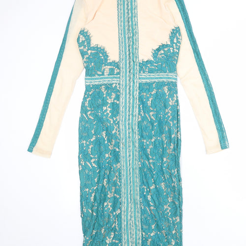 Missguided Womens Blue Polyester Bodycon Size 10 Boat Neck Zip - Lace Overlay