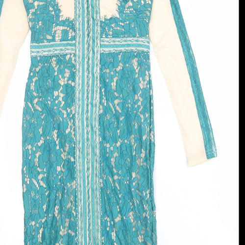 Missguided Womens Blue Polyester Bodycon Size 10 Boat Neck Zip - Lace Overlay