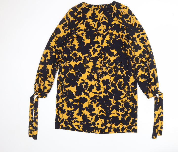 H&M Womens Orange Floral Polyester Shift Size 8 Round Neck Button - Tie Sleeve Detail