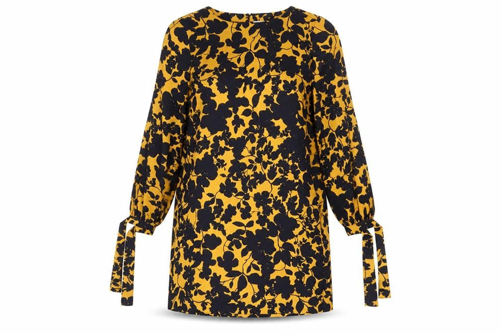 Front view of H&M women’s orange floral polyester shift, size UK 8, round neck button - tie sleeve detail