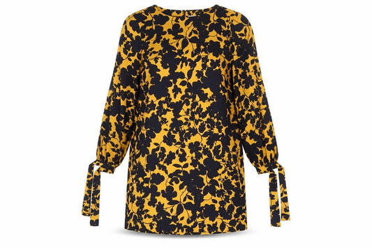 Front view of H&M women’s orange floral polyester shift, size UK 8, round neck button - tie sleeve detail