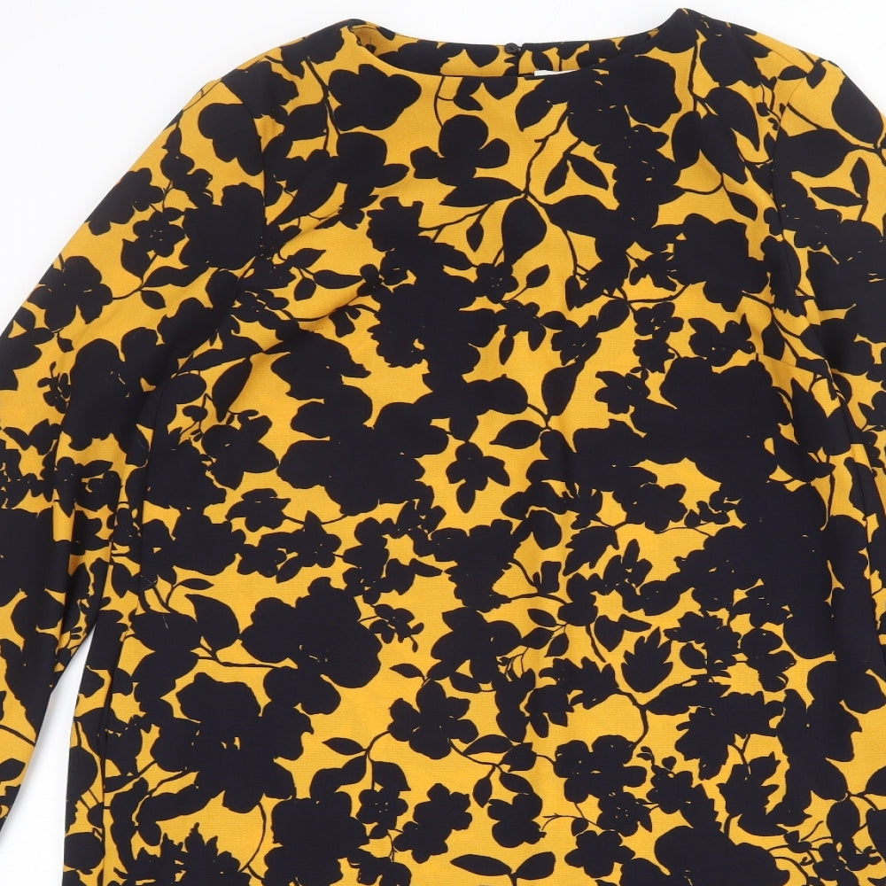H&M Womens Orange Floral Polyester Shift Size 8 Round Neck Button - Tie Sleeve Detail