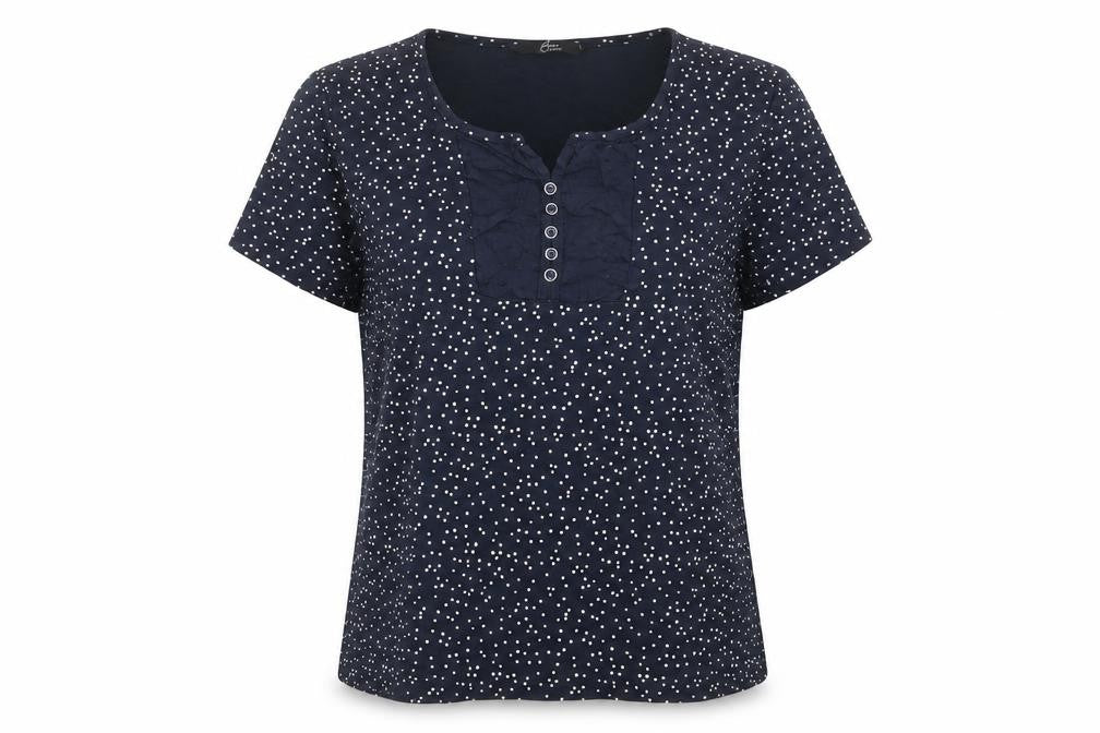 Front view of Bonmarché women’s black polka dot 100% cotton basic t-shirt, size L, round neck