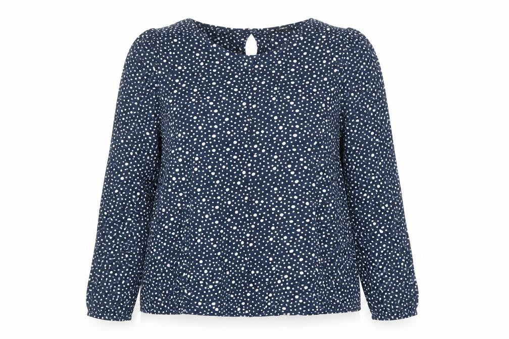 Front view of La Redoute women’s blue polka dot polyester basic blouse, size UK 12, boat neck