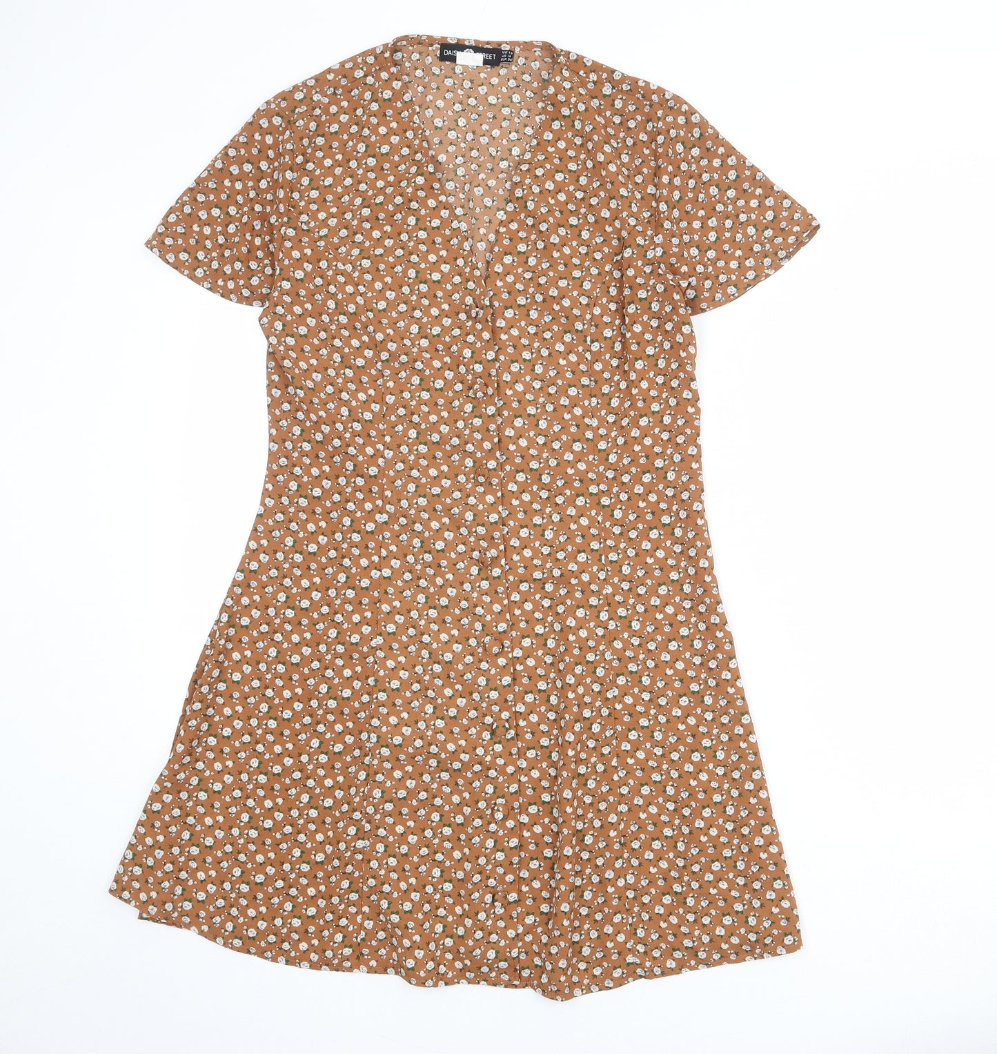 Daisy Street Womens Brown Floral Polyester A-Line Size 10 V-Neck Button