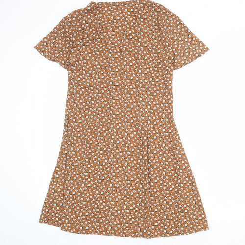 Daisy Street Womens Brown Floral Polyester A-Line Size 10 V-Neck Button
