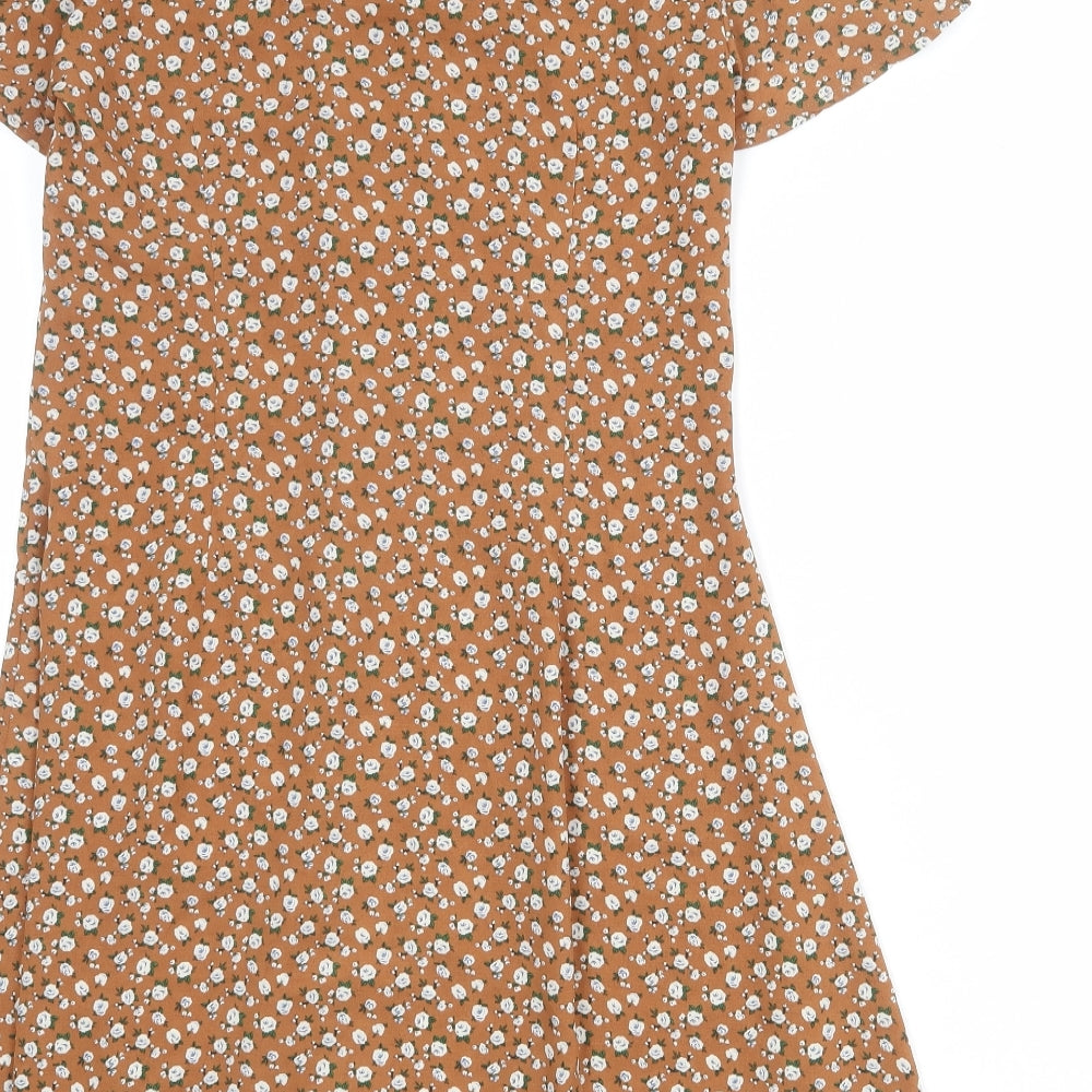 Daisy Street Womens Brown Floral Polyester A-Line Size 10 V-Neck Button