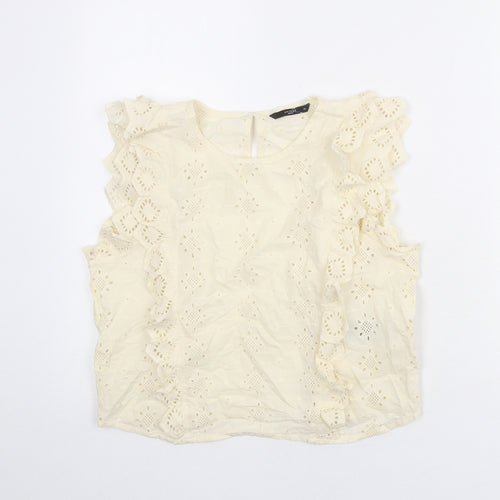 Only Womens Yellow 100% Cotton Basic Blouse Size 8 Crew Neck - Broderie Anglaise