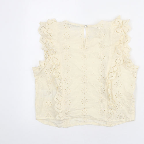 Only Womens Yellow 100% Cotton Basic Blouse Size 8 Crew Neck - Broderie Anglaise