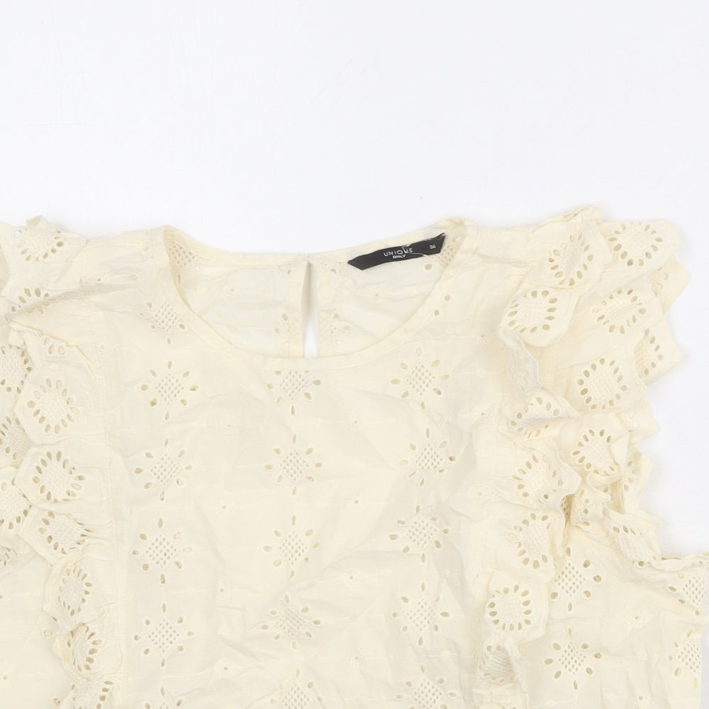 Only Womens Yellow 100% Cotton Basic Blouse Size 8 Crew Neck - Broderie Anglaise