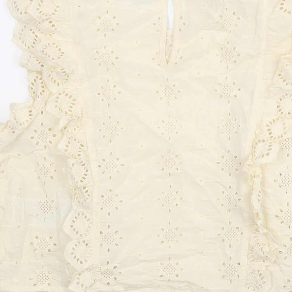 Only Womens Yellow 100% Cotton Basic Blouse Size 8 Crew Neck - Broderie Anglaise