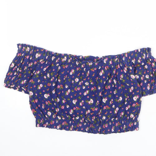 Topshop Womens Blue Floral Cotton Cropped Blouse Size 14 Off the Shoulder
