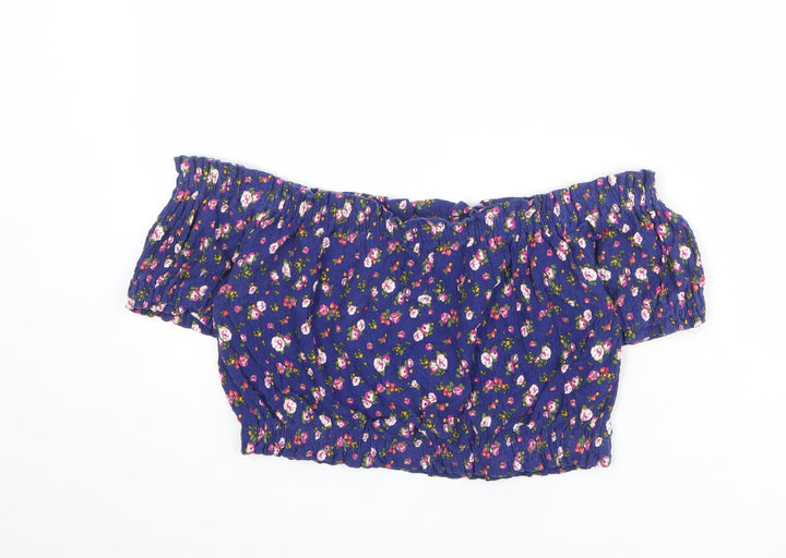 Topshop Womens Blue Floral Cotton Cropped Blouse Size 14 Off the Shoulder