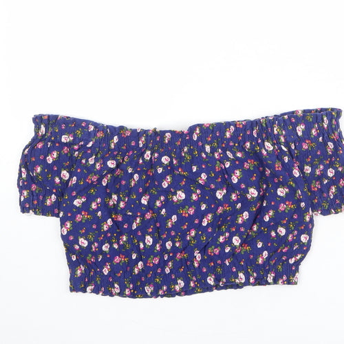Topshop Womens Blue Floral Cotton Cropped Blouse Size 14 Off the Shoulder