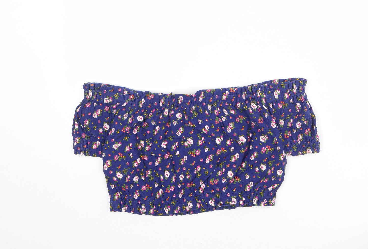 Topshop Womens Blue Floral Cotton Cropped Blouse Size 14 Off the Shoulder