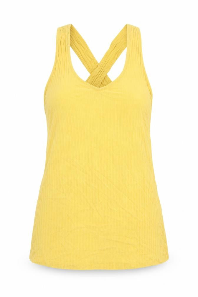 Front view of Great Plains women’s yellow viscose basic tank, size UK 12, scoop neck - ribbed