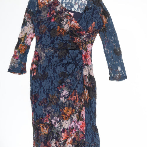 Phase Eight Womens Blue Floral Polyester Pencil Dress Size 12 V-Neck Zip