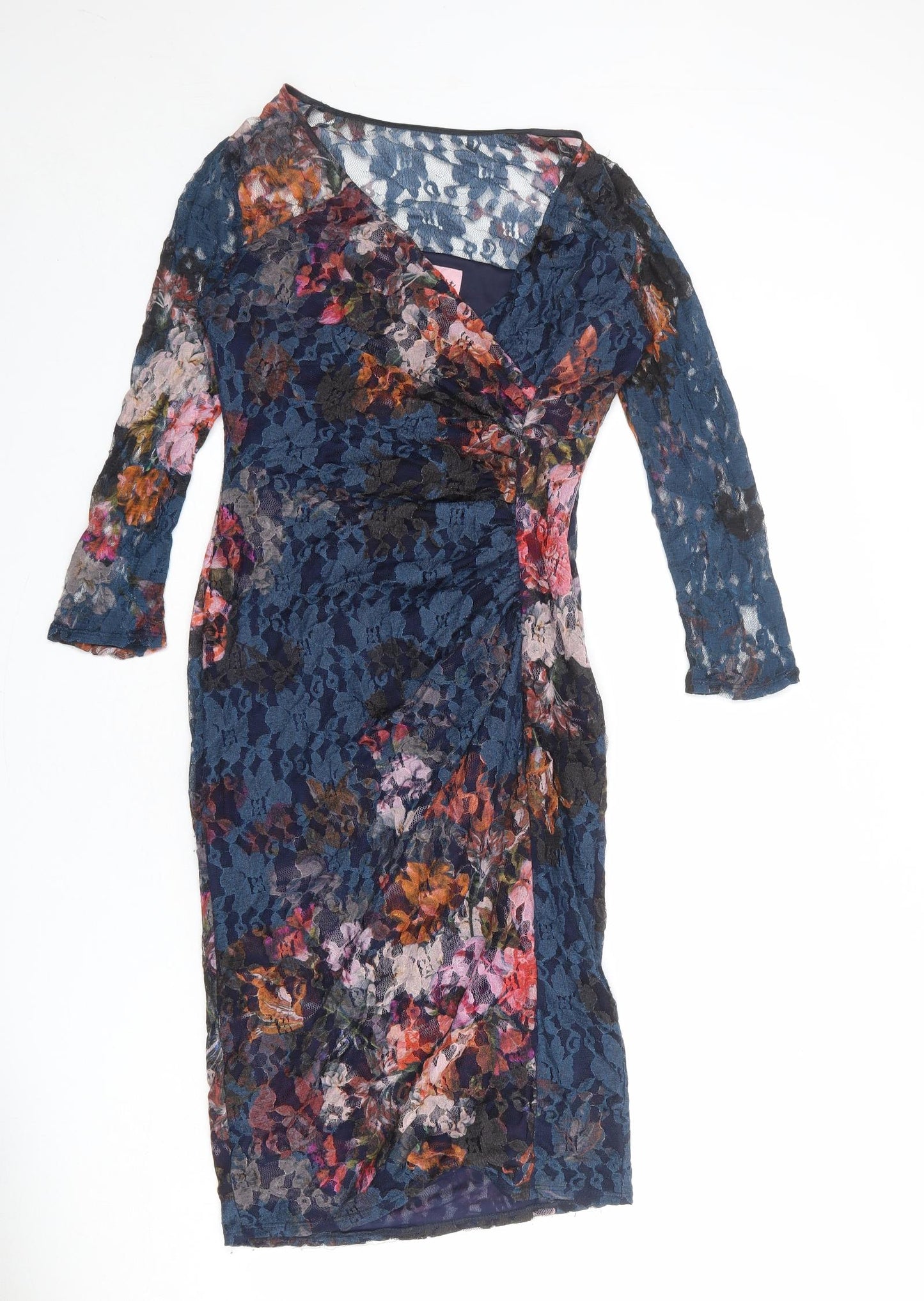 Phase Eight Womens Blue Floral Polyester Pencil Dress Size 12 V-Neck Zip