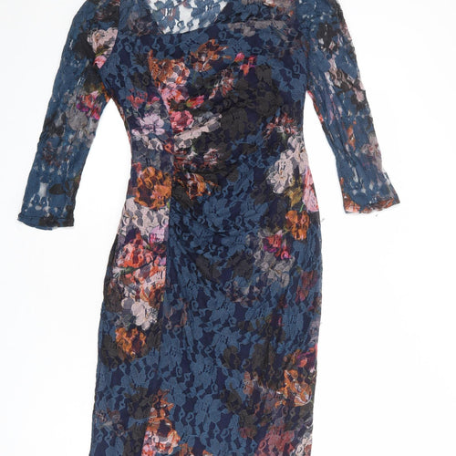 Phase Eight Womens Blue Floral Polyester Pencil Dress Size 12 V-Neck Zip