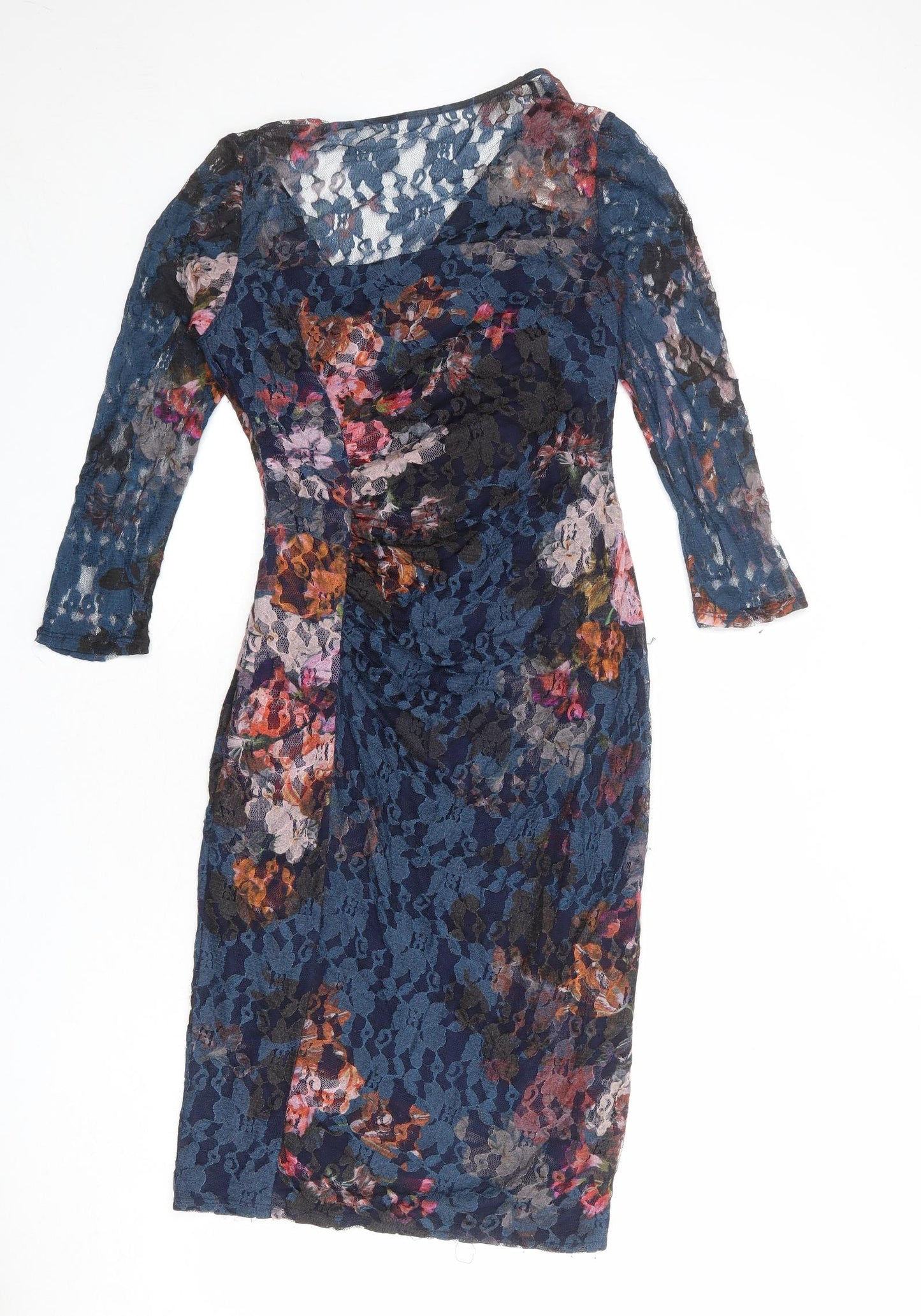 Phase Eight Womens Blue Floral Polyester Pencil Dress Size 12 V-Neck Zip