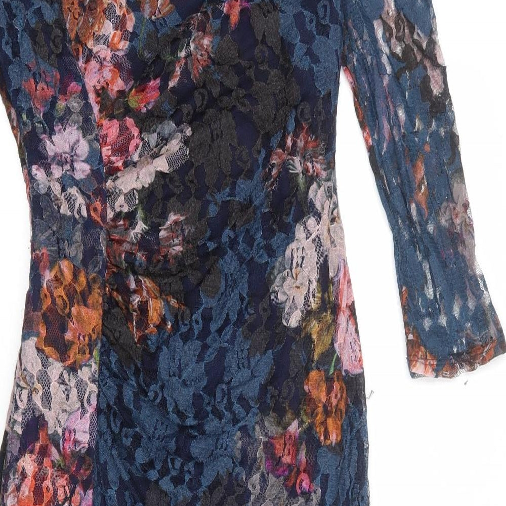 Phase Eight Womens Blue Floral Polyester Pencil Dress Size 12 V-Neck Zip