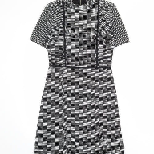 Miss Selfridge Womens Black Geometric Polyester Shift Size 8 Mock Neck Zip
