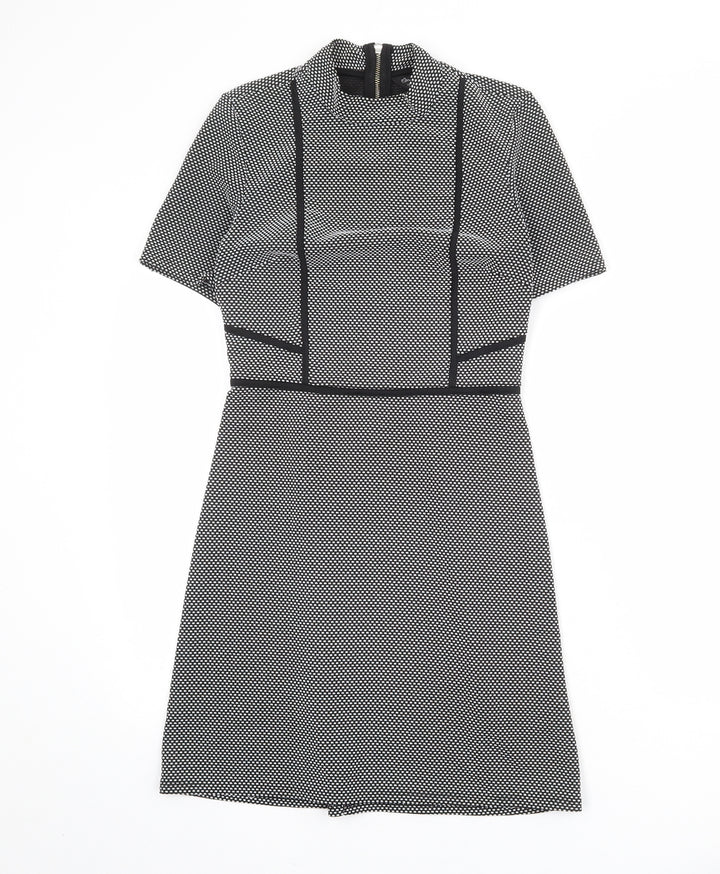 Miss Selfridge Womens Black Geometric Polyester Shift Size 8 Mock Neck Zip