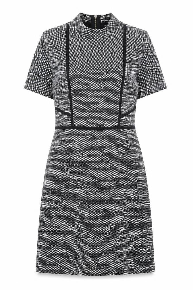 Front view of Miss Selfridge women’s black geometric polyester shift, size UK 8, mock neck zip