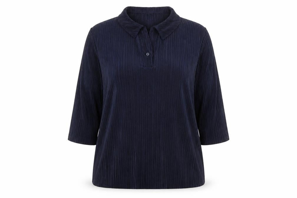 Front view of Amber women’s blue polyester basic blouse, size UK 22, collared