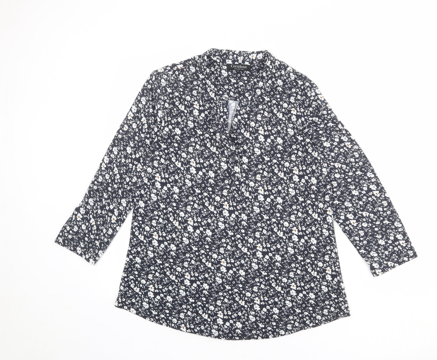 Cerulean Collection Womens Blue Floral Polyester Basic T-Shirt Size S V-Neck