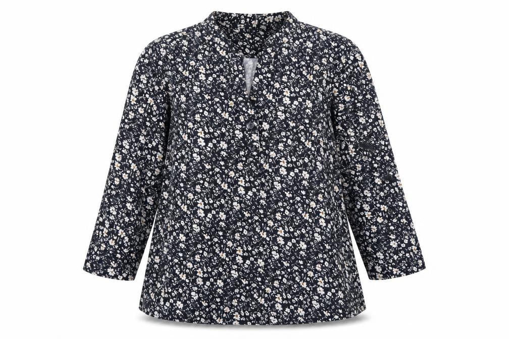 Front view of Cerulean Collection women’s blue floral polyester basic t-shirt, size S, v-neck