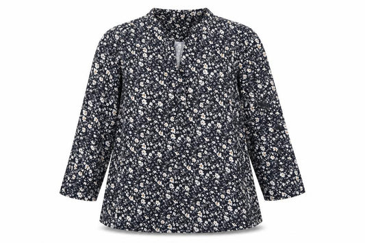 Front view of Cerulean Collection women’s blue floral polyester basic t-shirt, size S, v-neck